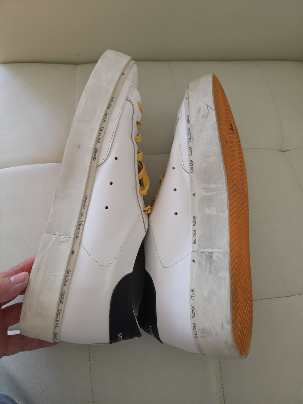 Golden Goose White Leather Sneakers with Black Tongue Label and Yellow Laces - Picture 4 of 6
